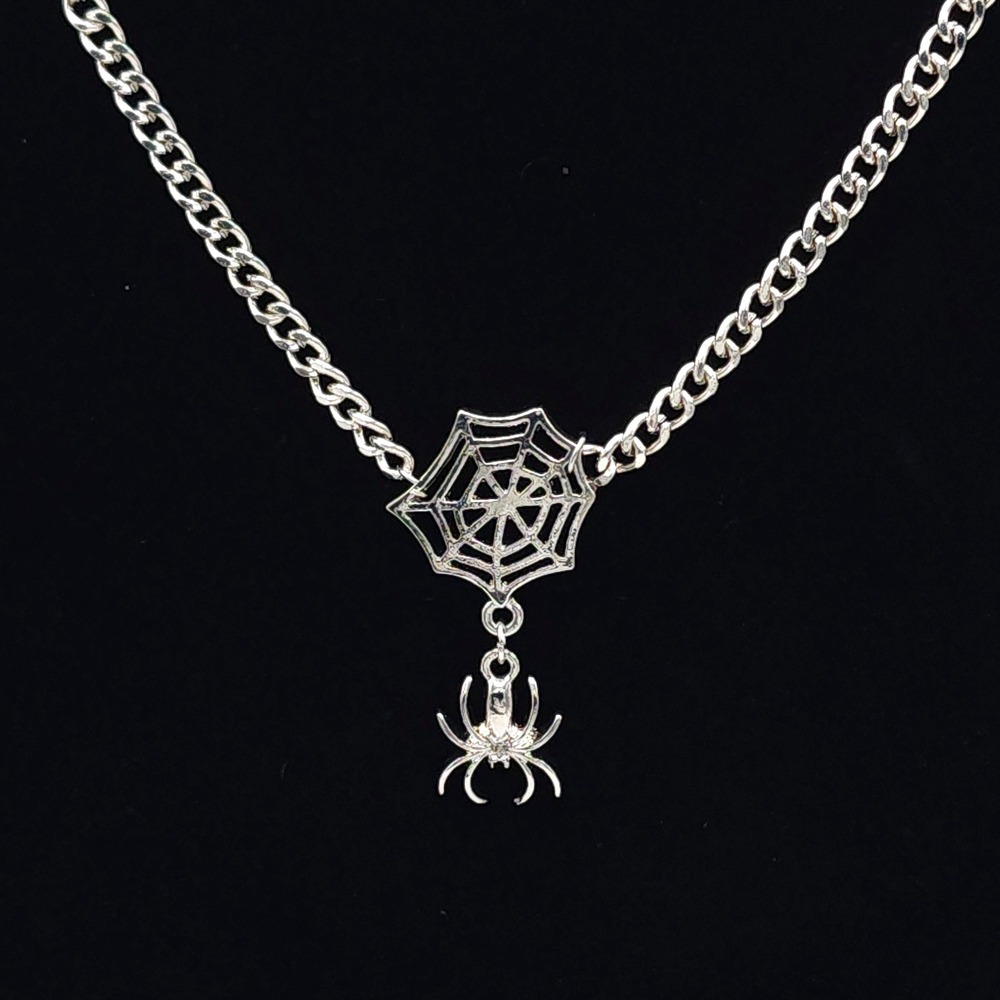 Silver Tone Spider Web Necklace Gothic Halloween Jewelry